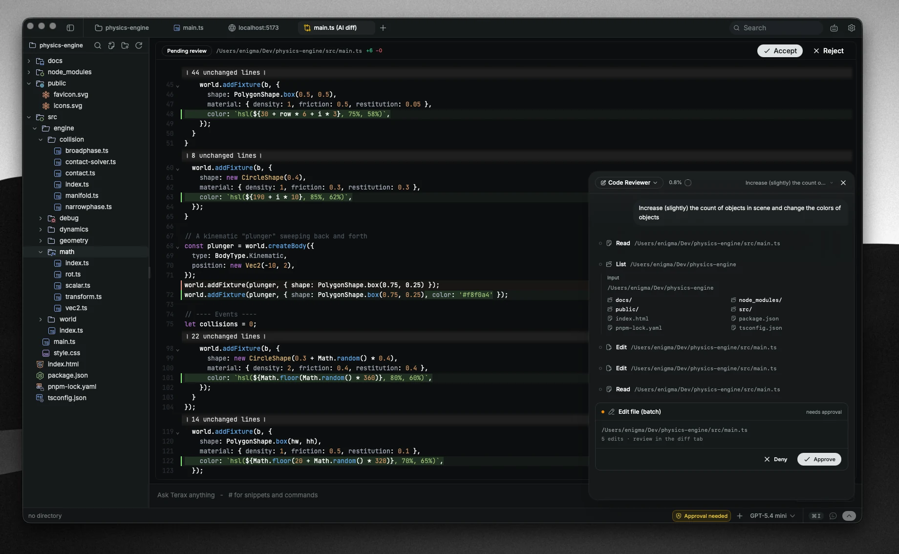 cli-ck AI panel showing an agent listing dirs and proposing edit diffs