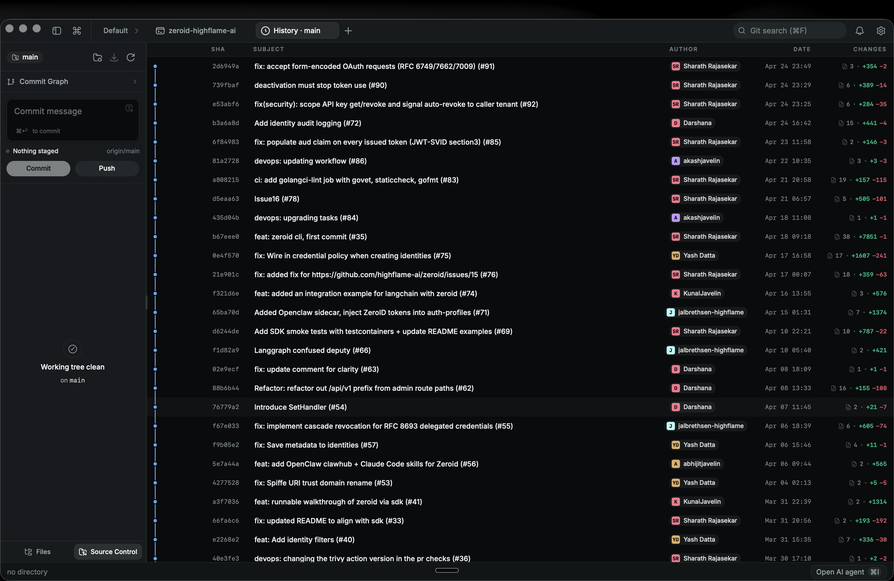 cli-ck source control panel with diff and commit graph