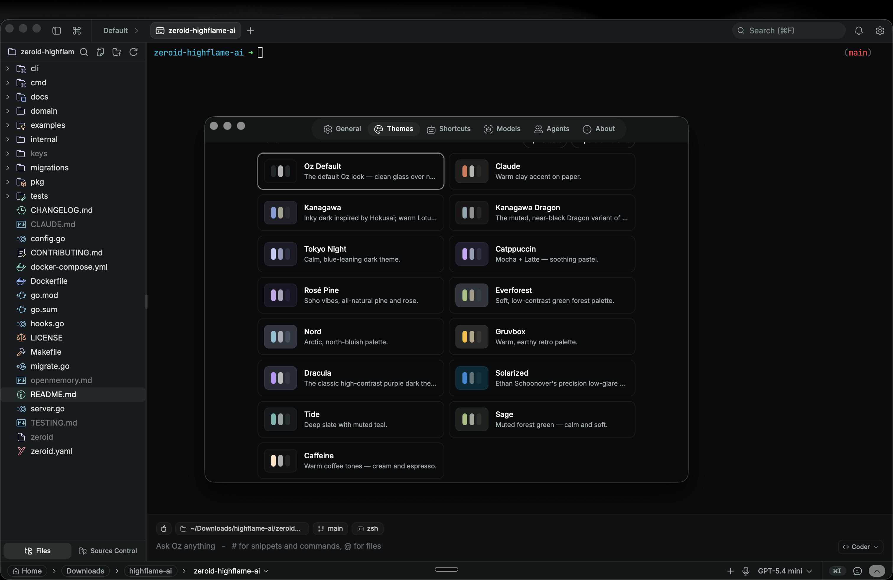 cli-ck theme picker showing bundled themes and a custom background image