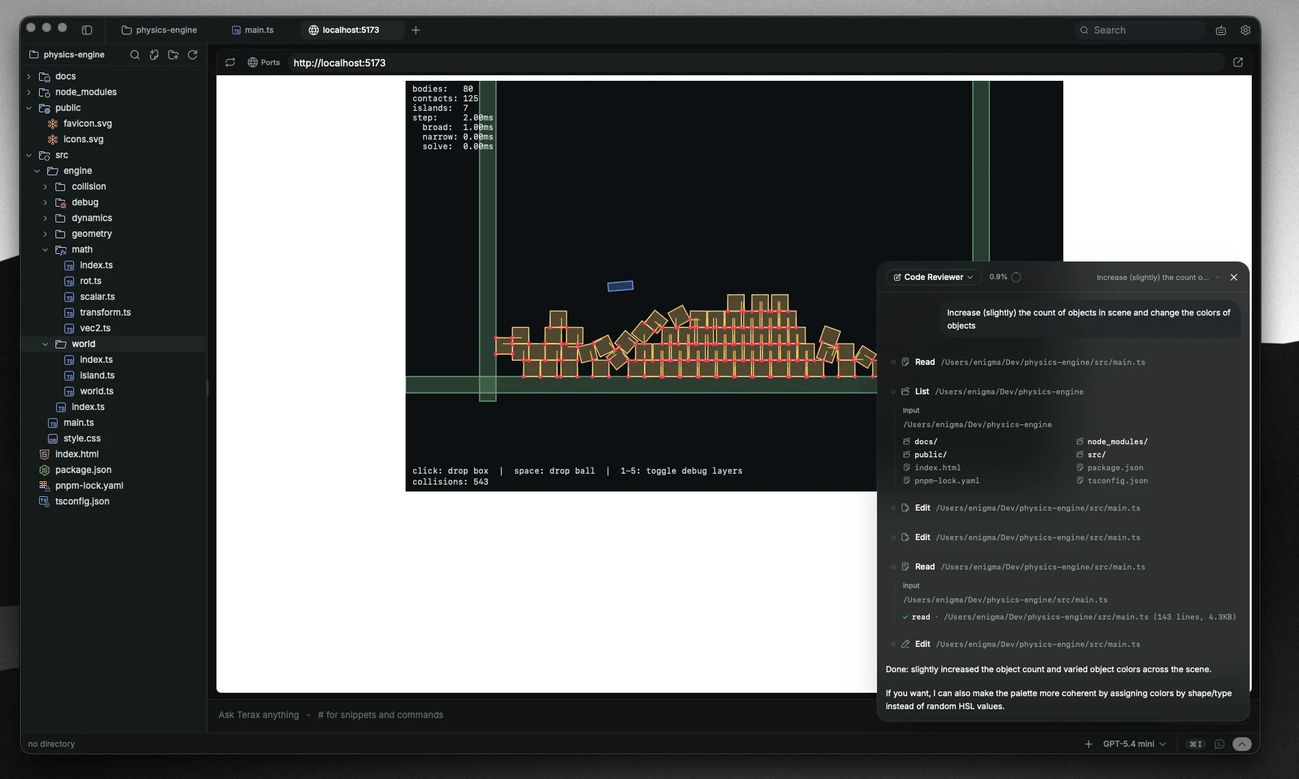 cli-ck web preview showing a Vite app rendered in a side panel
